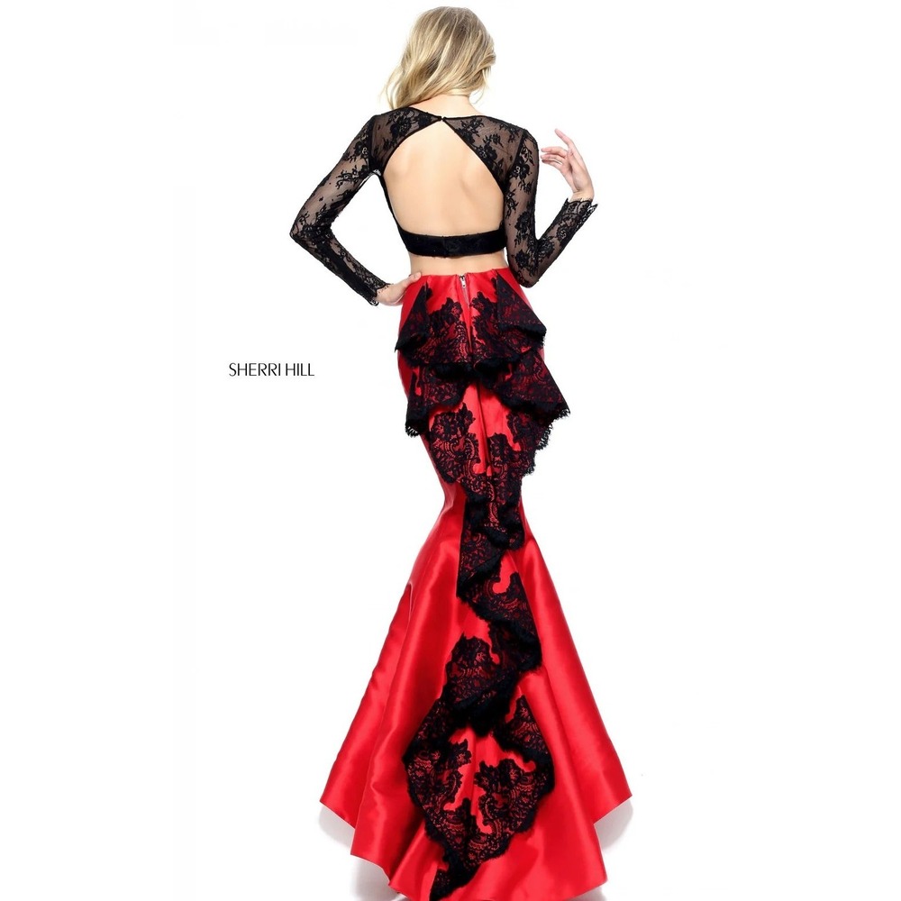 NWT Sherri Hill 51169 Black Red Mermaid Lace Two Piece Gown Size 4‎ Prom Pageant